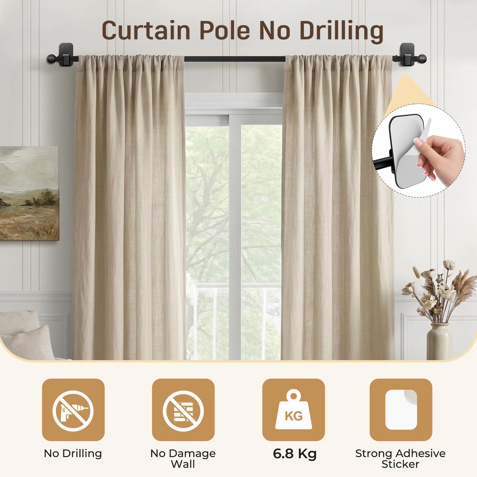 Gardinenstange ohne Bohren, Ø 16 mm, 81-183 cm, ausziehbar | Adhesive brackets, wall mount only, renter friendly, for apartments & dorms, no drill, easy setup