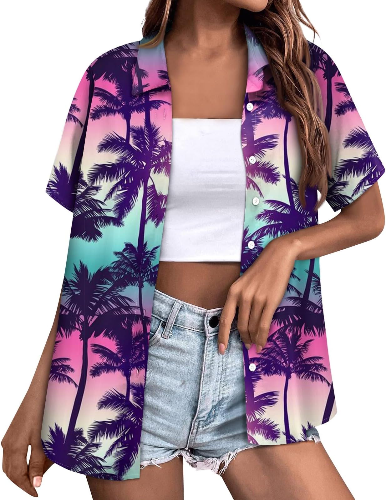 Womens Hawaiian Shirts Summer Short Sleeve Tops Button Down Floral Tropical Beach Blouses