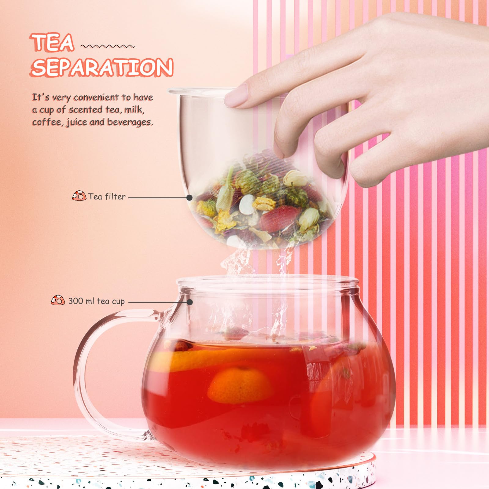 COLLBATH Teetassen Satz Niedliches Design 300ml Fassungsvermögen Pilzförmiges aus Keramik und Glas mit Tee Infuser Hitzebeständig für Zuhause und Büro