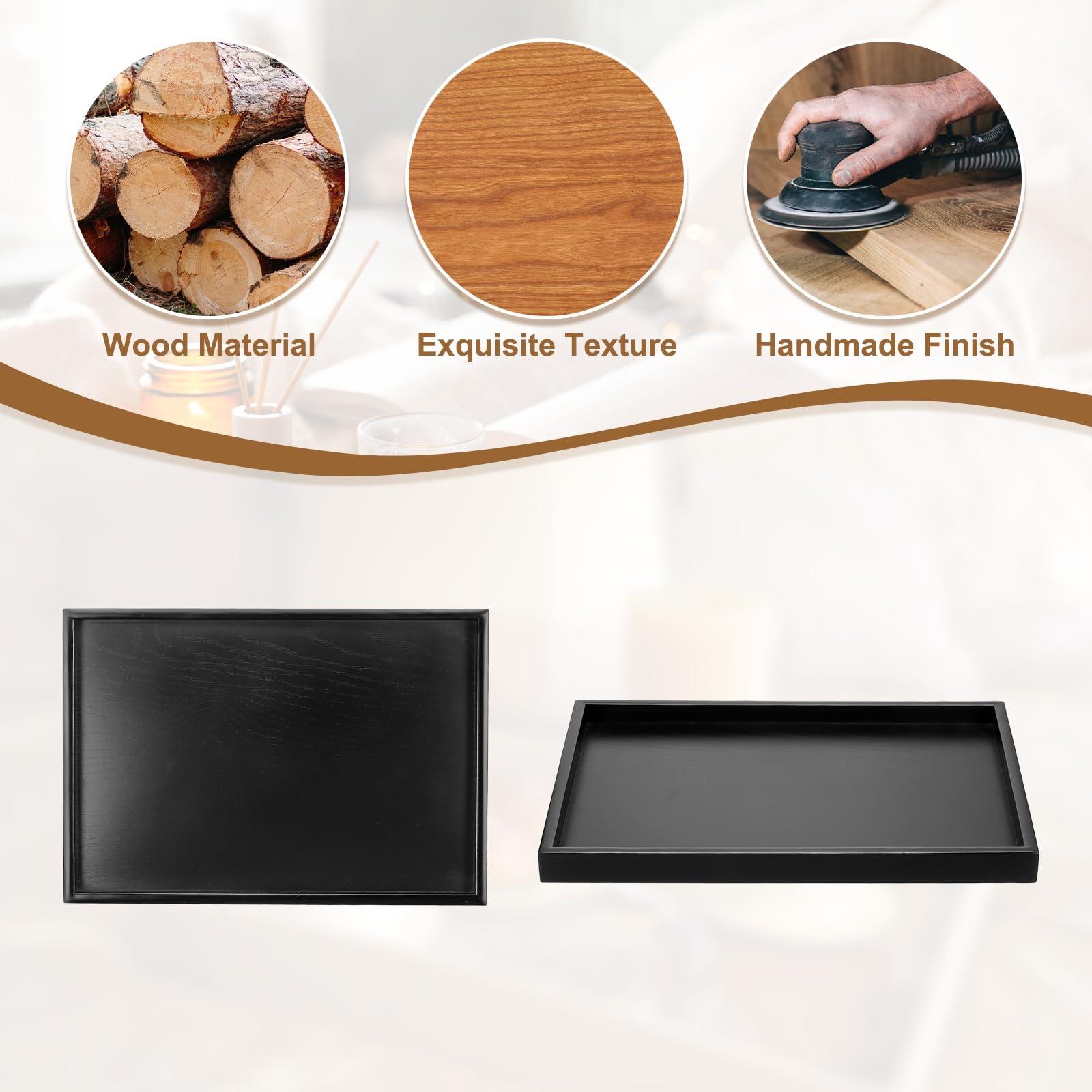 Bandeja de madera negra de 15.8 x 11 pulgadas para decoración del hogar, cocina, mesa de café y portavelas, t Detive Serving Solut