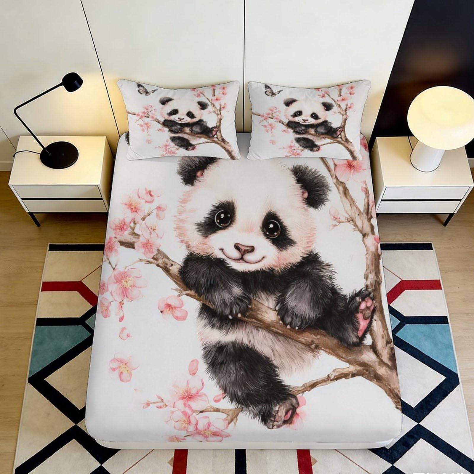 Pnayamiorkfel Style-8 3D Printed Cute Panda Fitted Sheet Microfiber Soft Blossom Branch Bed Cover For Bedroom Guest Room Decor 90X200x25cm