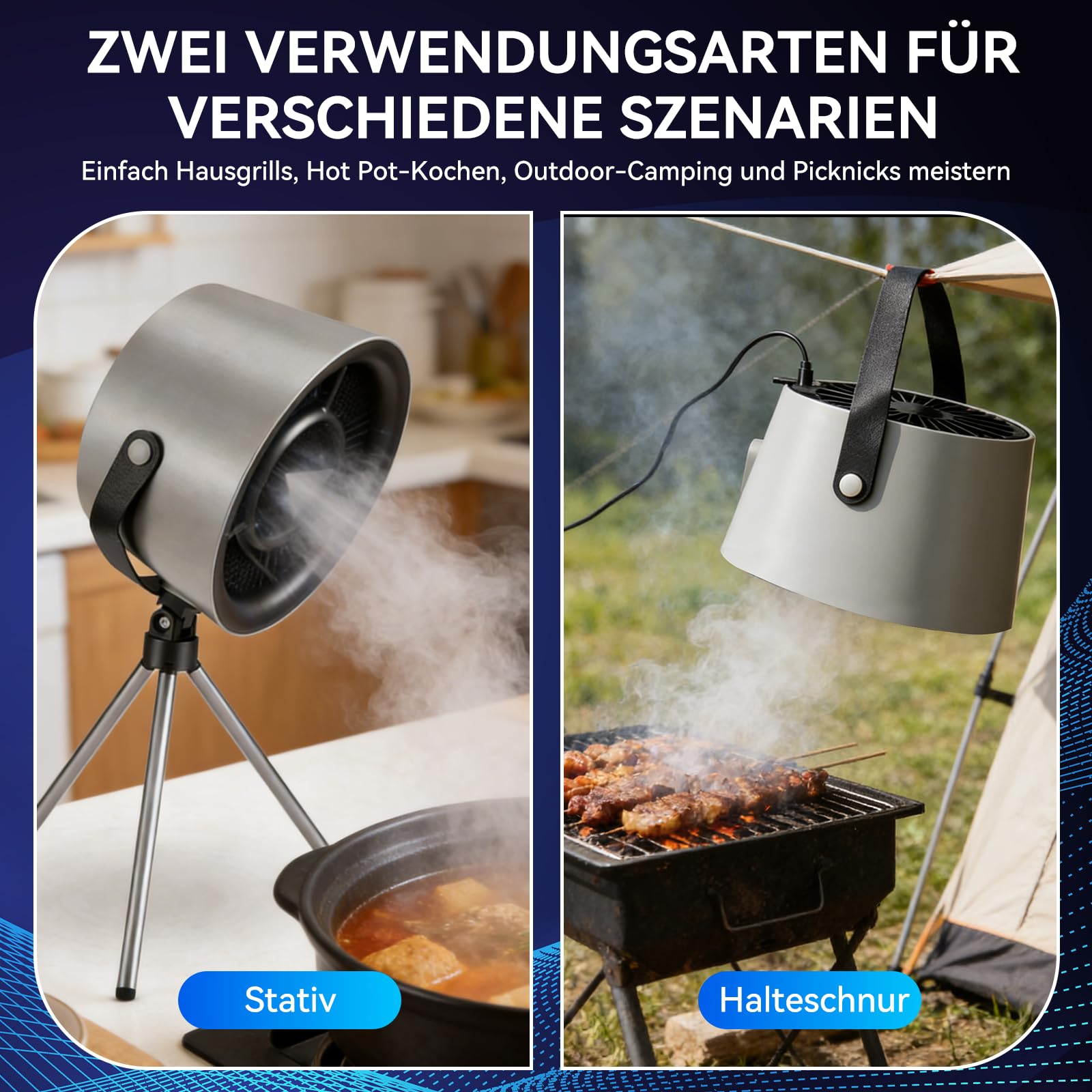 Mobile Dunstabzugshaube ohne Installation, tragbare Mini Abzugshaube mit abnehmbarem Stativ & Aufhängeseil, 3-stufig leise, ideal für Wohnung, RV, Camping, Outdoor, platzsparendes Küchenzubehör