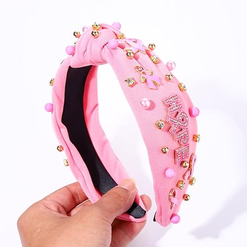 Miniatura 7 de Diadema rosa con lazo de esperanza de cristal y perla, diadema anudada para concientización sobre el cáncer de mama, accesorios para el cabello para