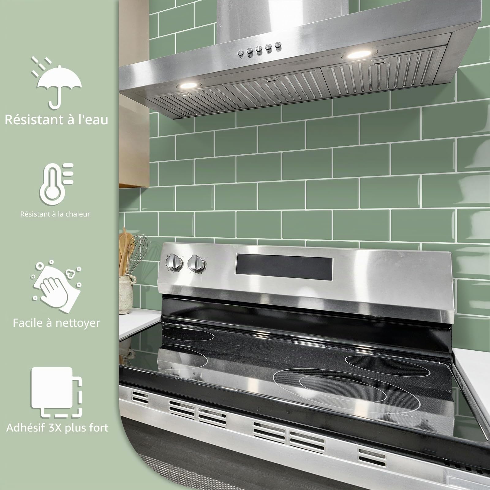 Plus épais Credence Adhesive pour Cuisine Stickers Carrelage Metro,Vert 3d Salle de Bain Crédence Adhesive,Adhesif Mural Carreaux en vinyle Autocollant (10-Pièces, 30 x 30cm)