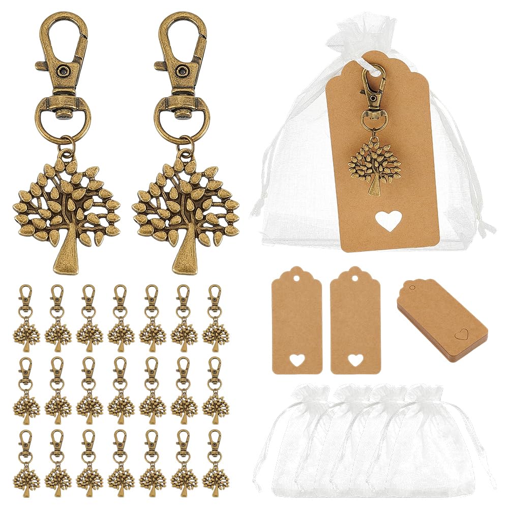 PH PandaHall 24 Sets Tree of Life Keychain Favors Baptism Party Favor Organza Gift Bags Wedding Favor Small Mesh Bags Antique Golden Tree Keyring with Tags for Anniversary Birthdays Guest Return