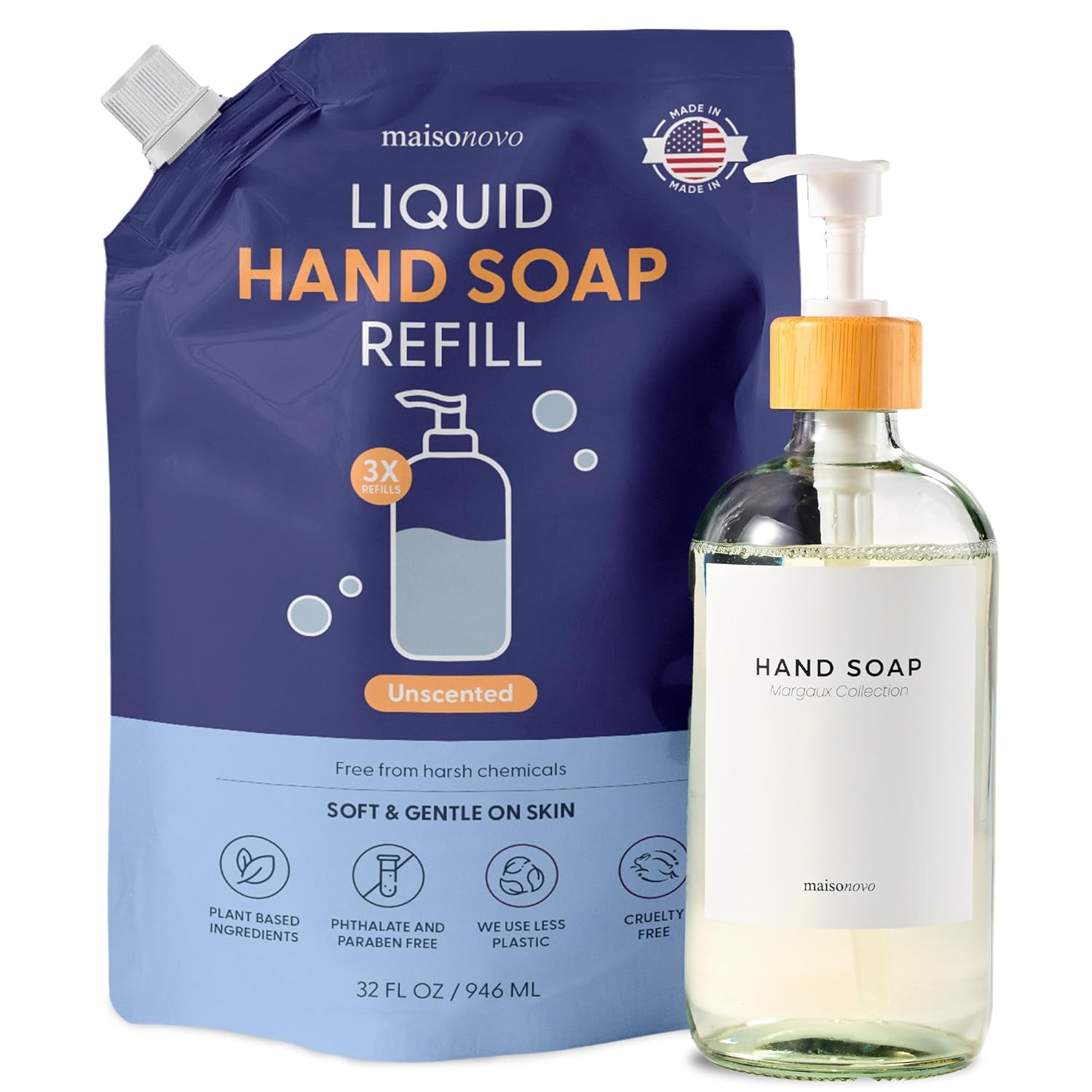 MaisoNovo Hand Soap Refills | Natural Hand Soap Refill Made in USA | Gentle Non Toxic Refill Good for All Skin Types | Unscented Refill Pouch 32 oz