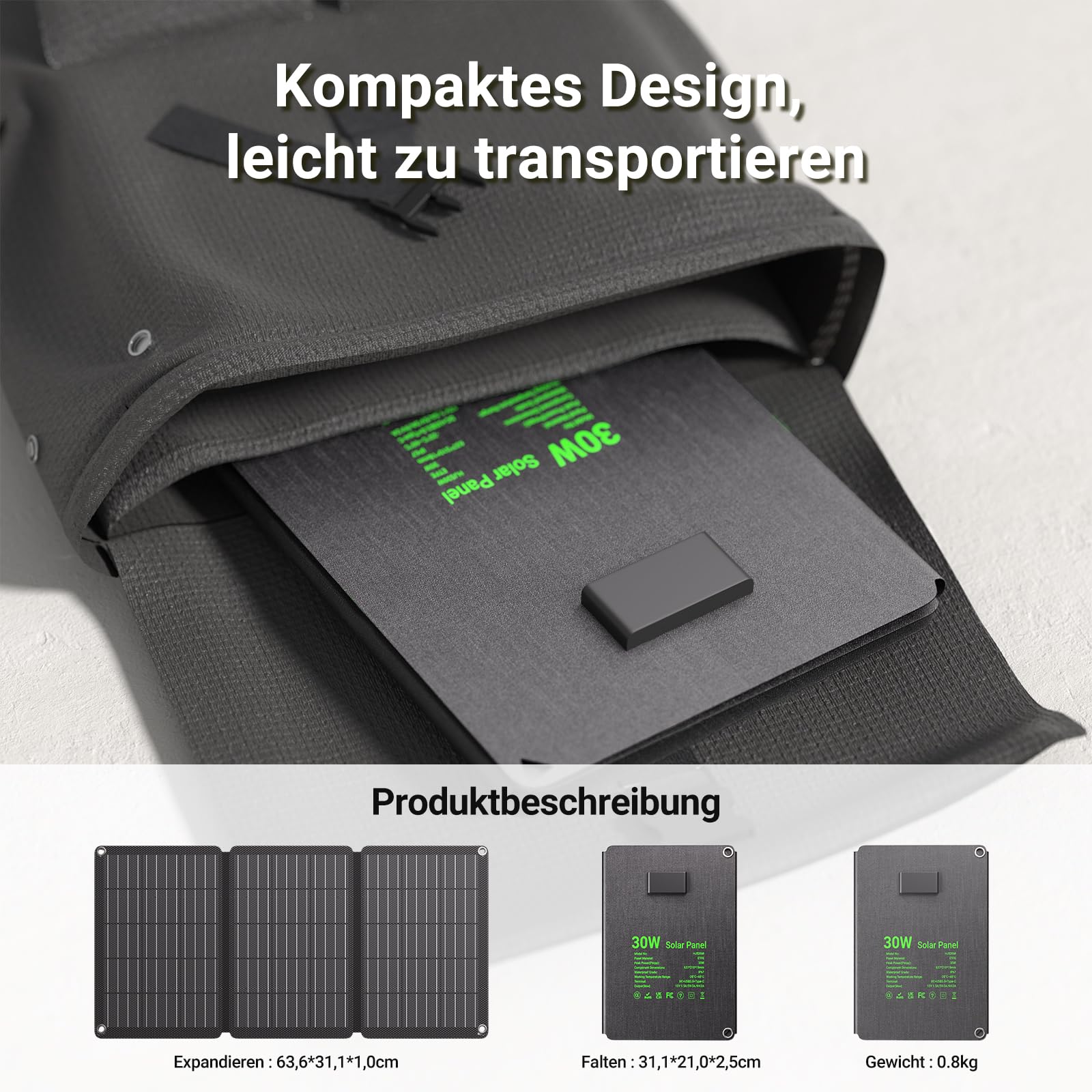 30W Solarpanel Faltbar, Tragbares Outdoor Solar Ladegerät IP67 Wasserdichtes mit 3 Anschlüsse (USB-C+USB-A+DC) für Outdoor Camping, Smartphone, Mobile Powerbank