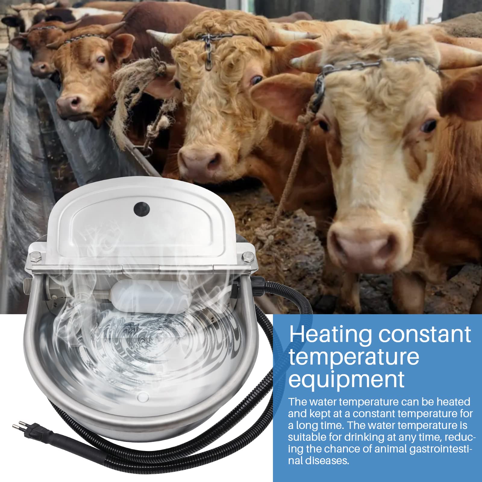 Bebedero de natación con calefacción de 24 V/220 V con tapón de desagüe de acero inoxidable calentado Termostato automático a prueba de heladas, bebidas para caballos de ganado ovejas (220 V)