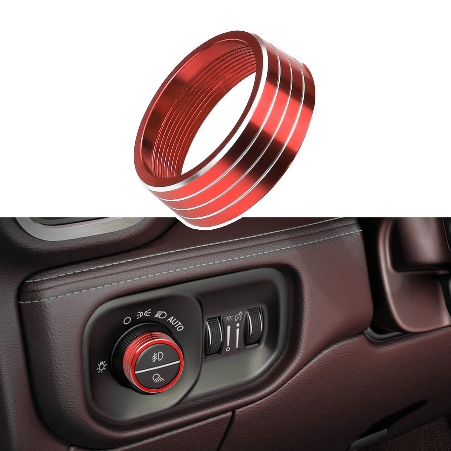 1× Red Headlights Switch Button Knob Cover for Dodge RAM 2018-2025 Aluminum Alloy Ring Trim Decoration Accessories