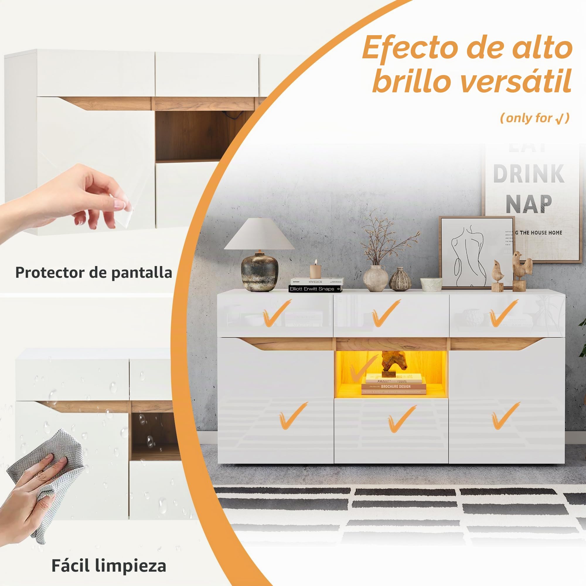 Merax Aparador blanco brillante moderno con iluminación LED, armario de cocina, armario buffet con 2 puertas, 4 cajones, armario multiusos para comedor, salón, cocina
