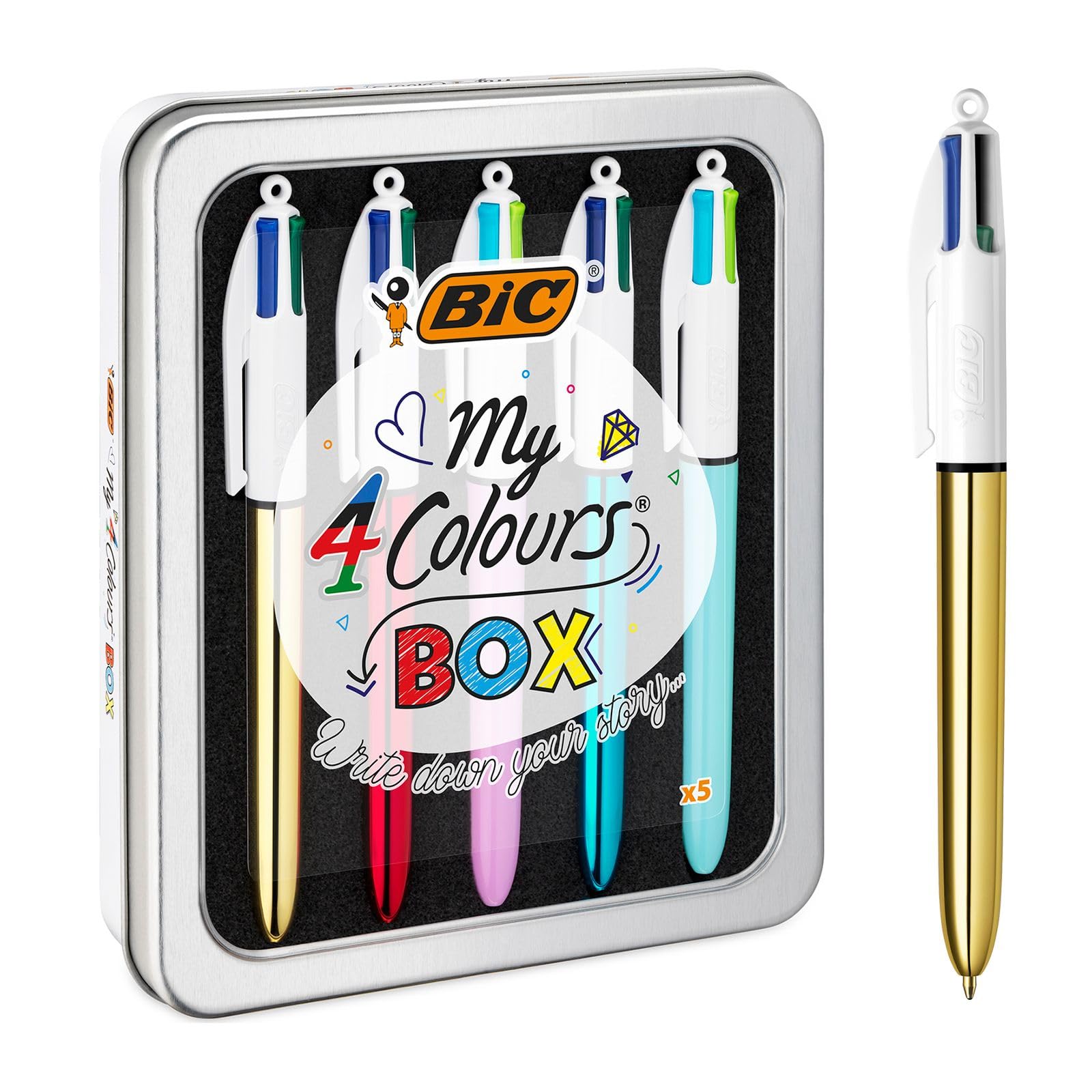 BIC My 4 Colours Box - Caja de 5 Bolígrafos 4 Colores (Shine y Fun) en una bonita caja metálica - Bolígrafo retráctil con tintas en colores surtidos