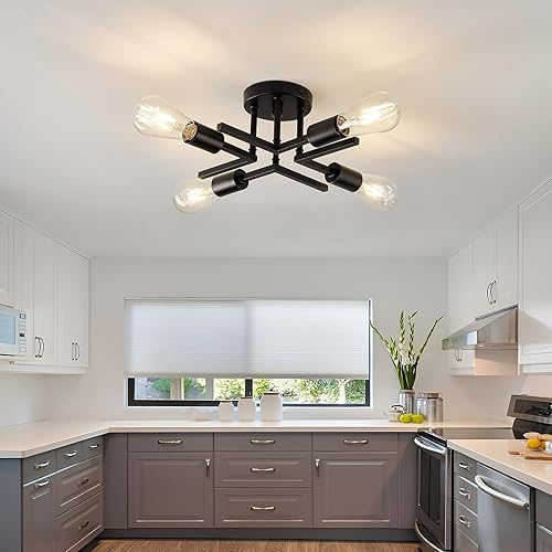 Miniatura 8 de Lámpara industrial de techo semiempotrada de 4 luces, moderna lámpara Sputnik de metal negro con base de bombilla E26 cerca de la luz de techo para