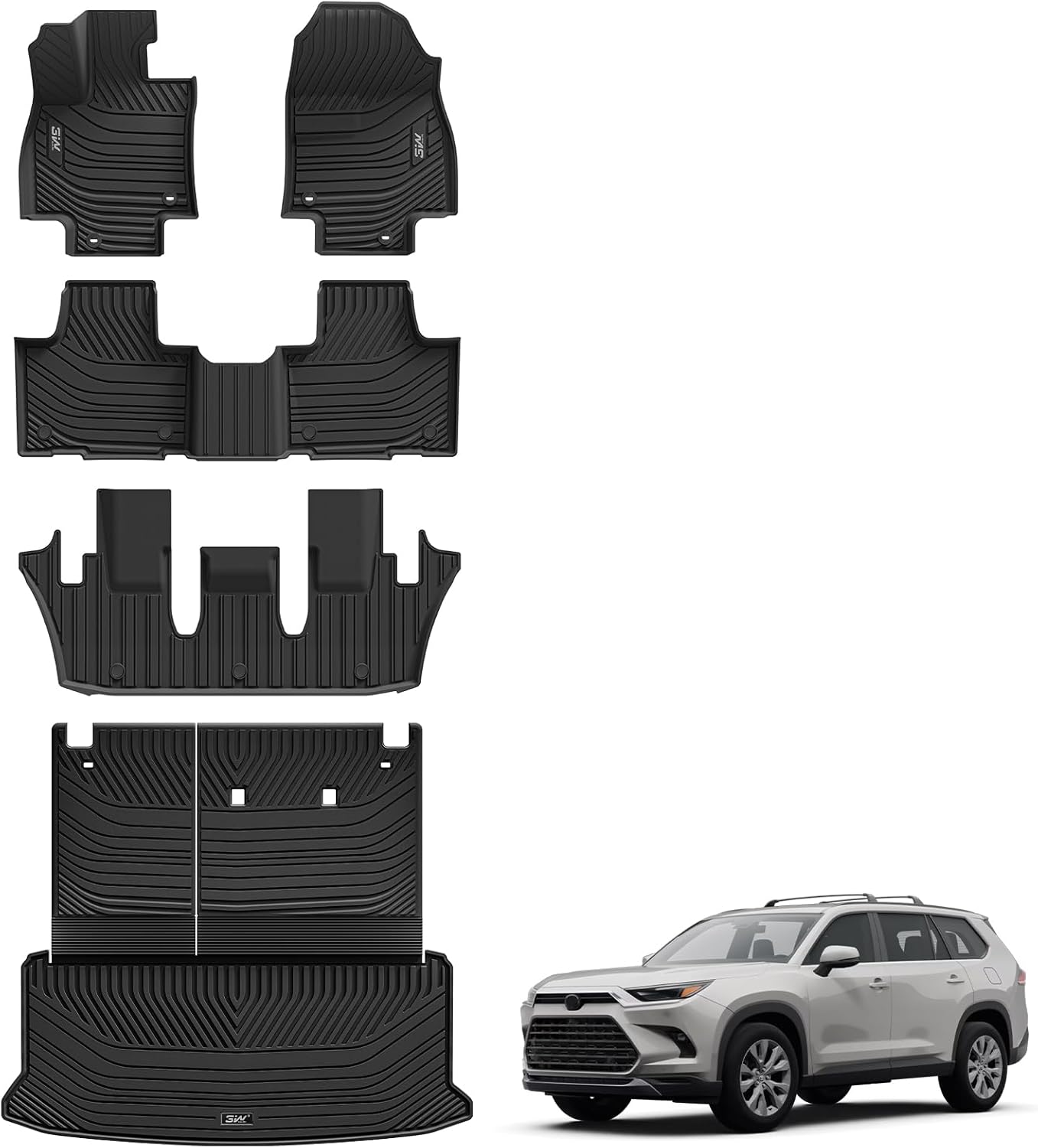 3W Floor Mats for 2024 2025 2026 Toyota Grand Highlander 7 Seat (Include Hybrid), with Subwoofer, Trunk Mat Cargo Liner, and Seat Back Covers TPE All Weather, Black 2. Grand Highlander|24-26|Full Mats