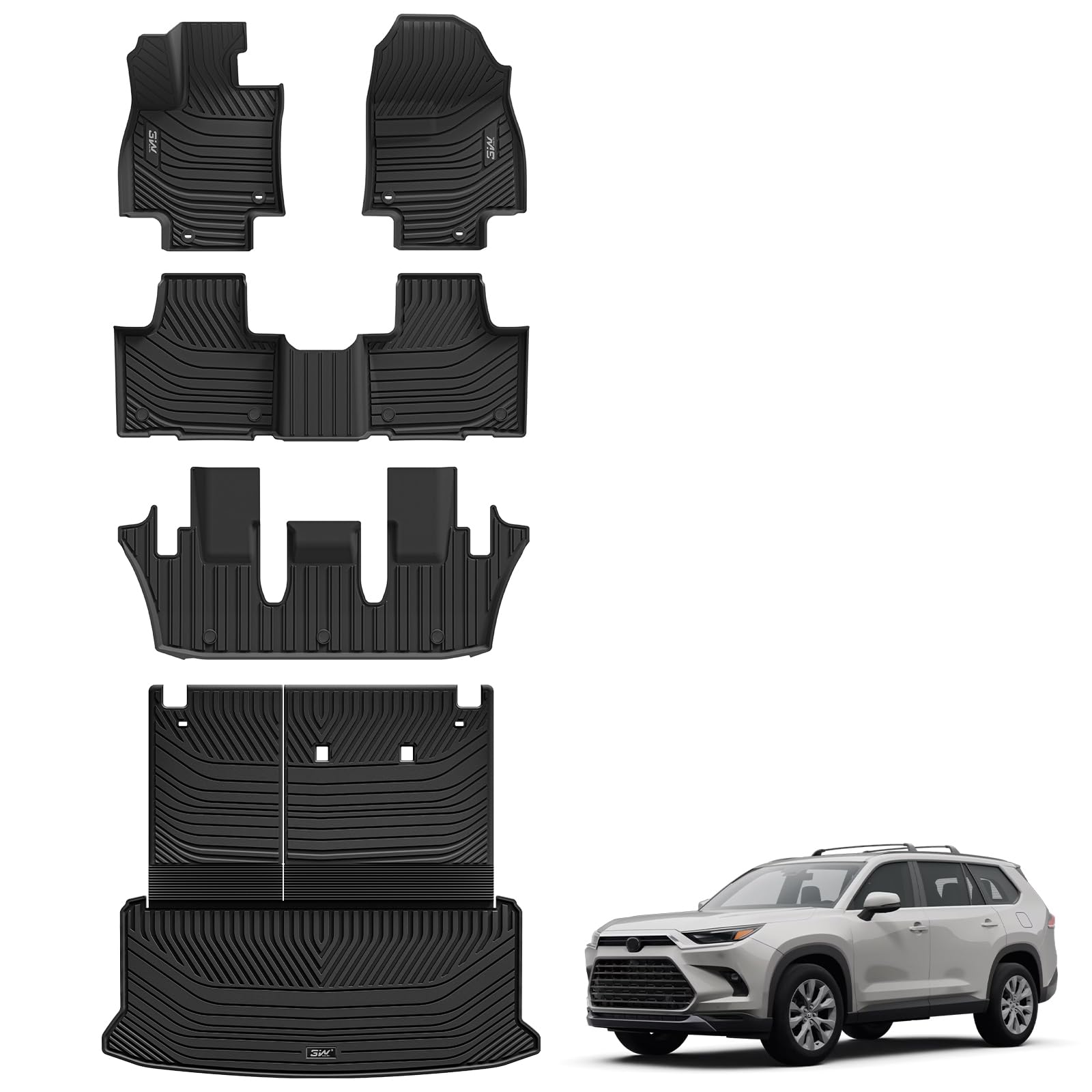 3W Floor Mats Fit for 2024 2025 2026 Toyota Grand Highlander 7 Seat (Include Hybrid), with Subwoofer 1-3 Row Trunk Mat Cargo Liner Seat Back Covers TPE All Weathe Black 10+Years Lifespan