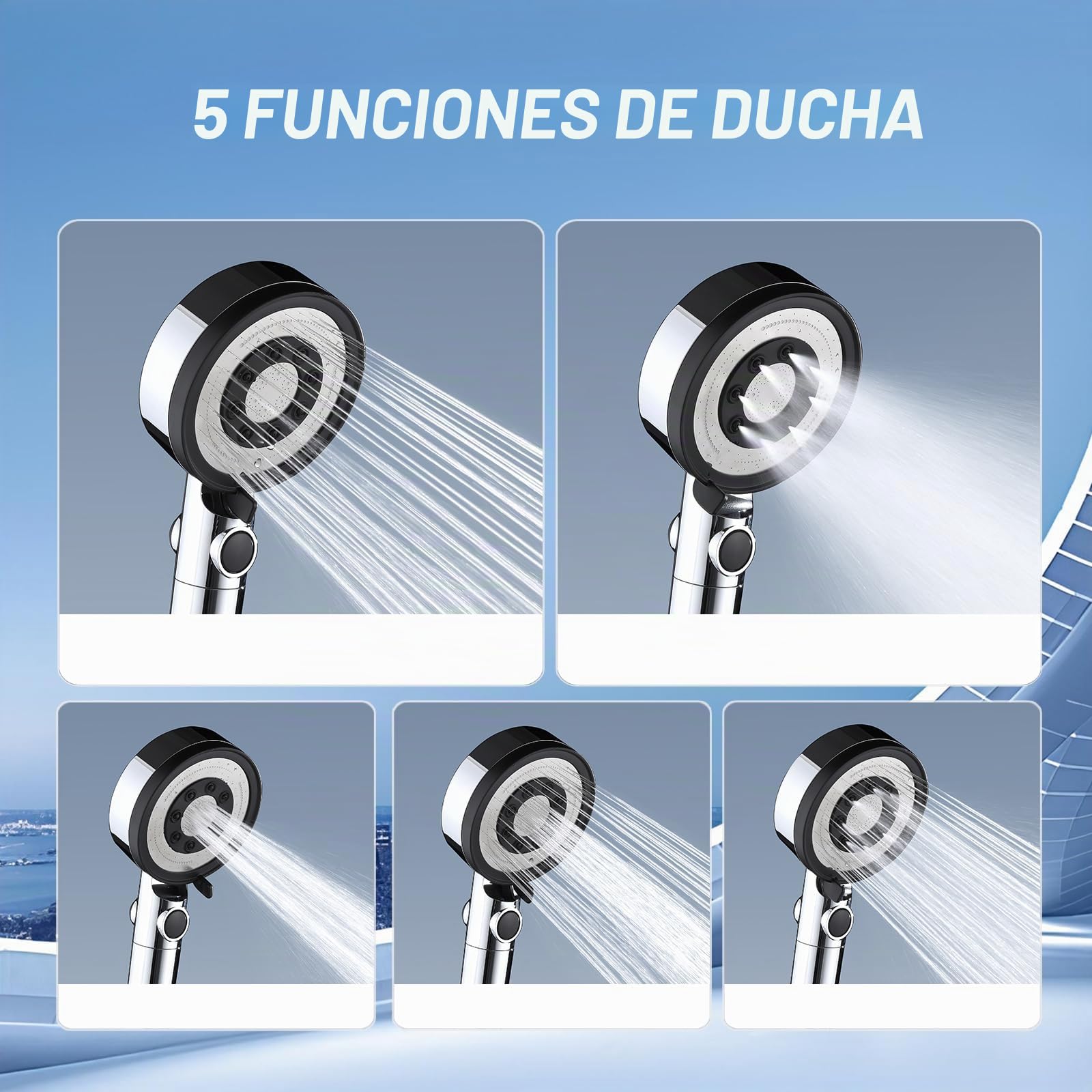 Cabezal de Ducha Antical con Filtro, Alta Presión, Ahorro de Agua, 5 Modos de Rociado, Acabado en Cromo, para Agua Dura Sin Manguera ni Soporte