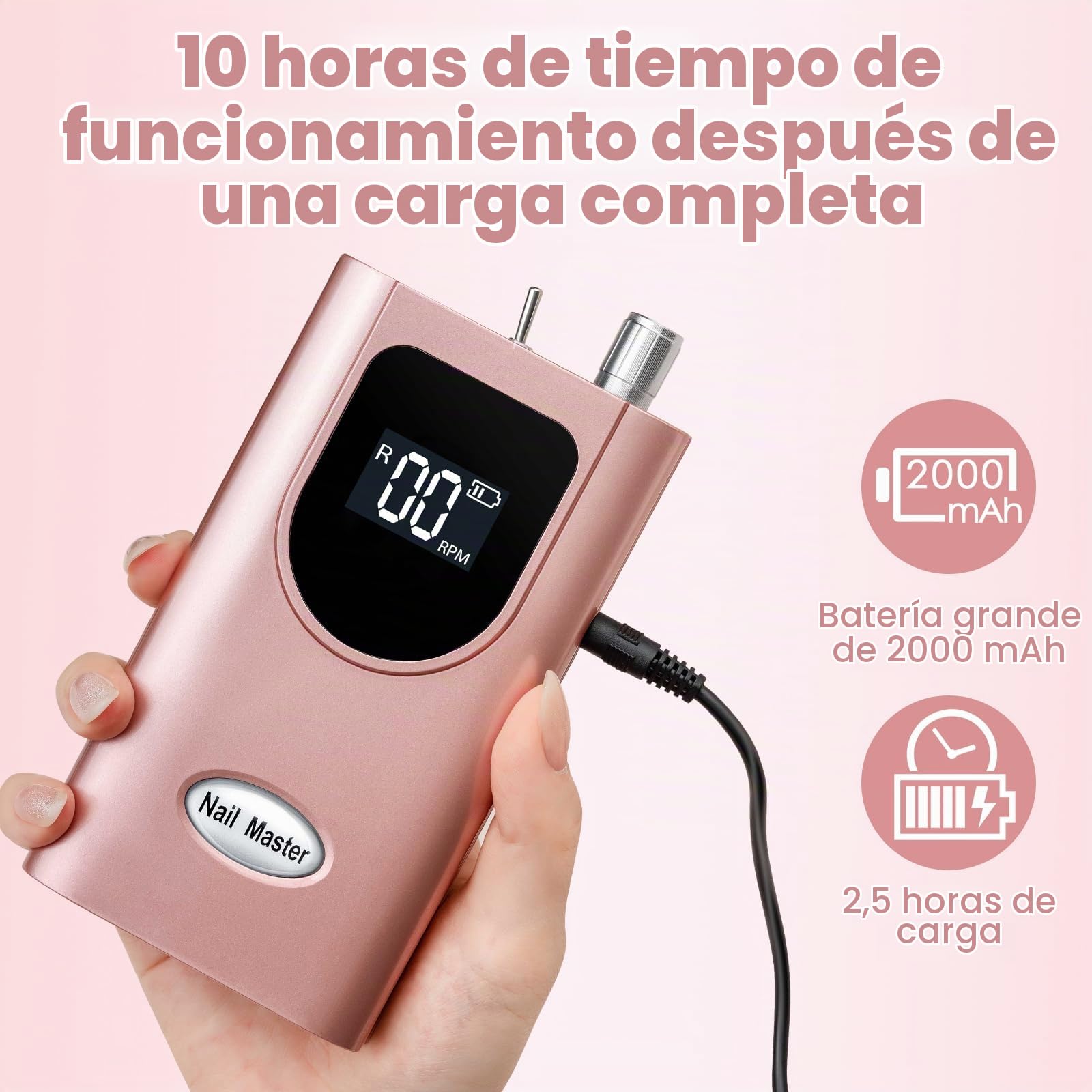 Delanie Torno para Uñas 35000rpm Profesional Portátil Acrilicas Inalambrico 35000rpm Recargable de Gel para Manicura y Pedicura con 6 brocas Recambios y Pantalla LCD para Salón y Hogar