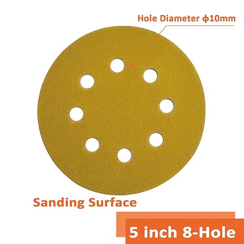 Miniatura 3 de Almohadillas de lijadora orbital de 5 pulgadas, 8 agujeros, disco de lijado de grano 180, papel de lija de repuesto dorado húmedo y seco, apto para
