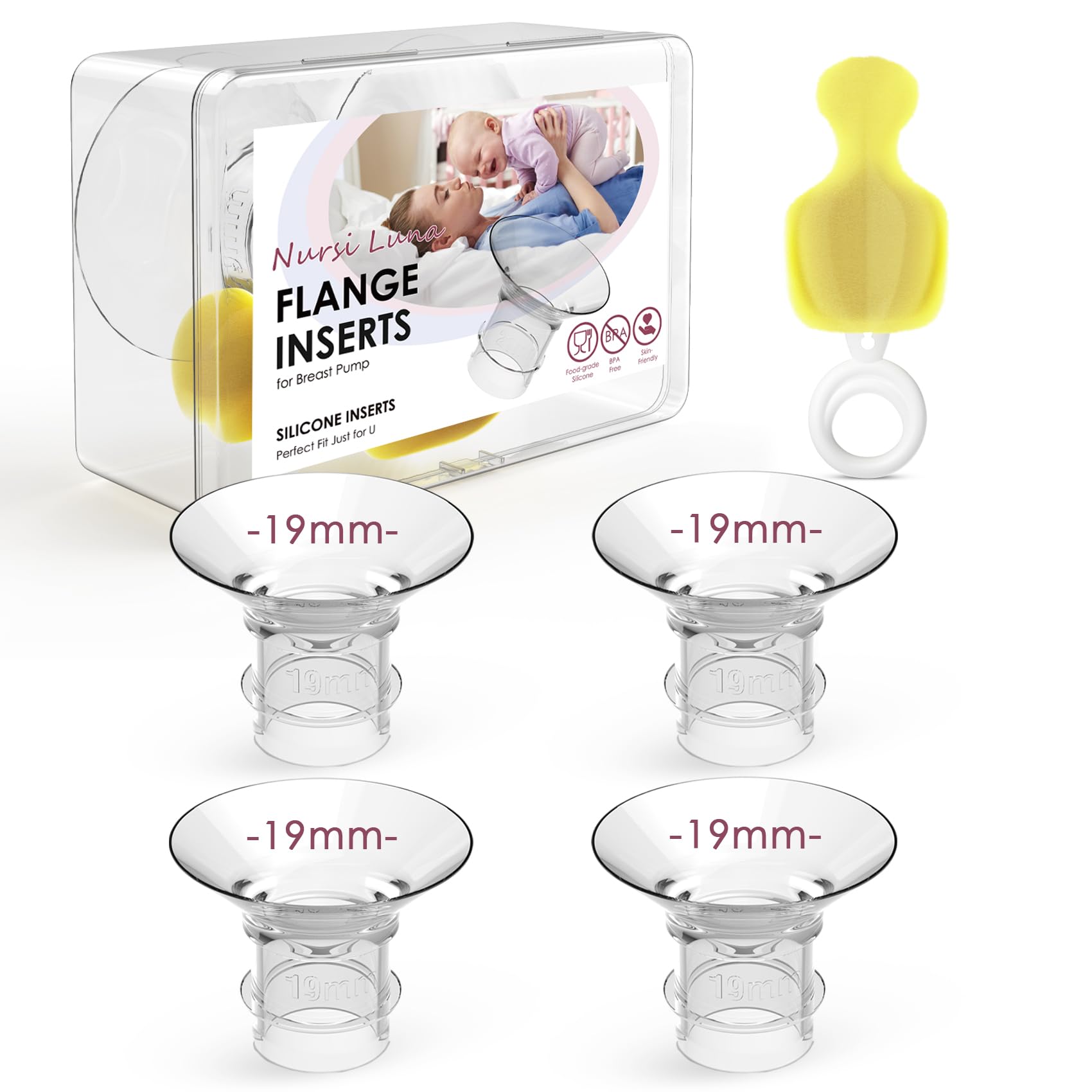 Flange Insert 19mm 4PCS for 24mm Flanges/Shield of Most Pumps, Flange Sizing Kit Silicone Breast Pump Flanges Insert with Storage Box, Cleaning Brush, Breastfeeding Essentials Kit for Moms