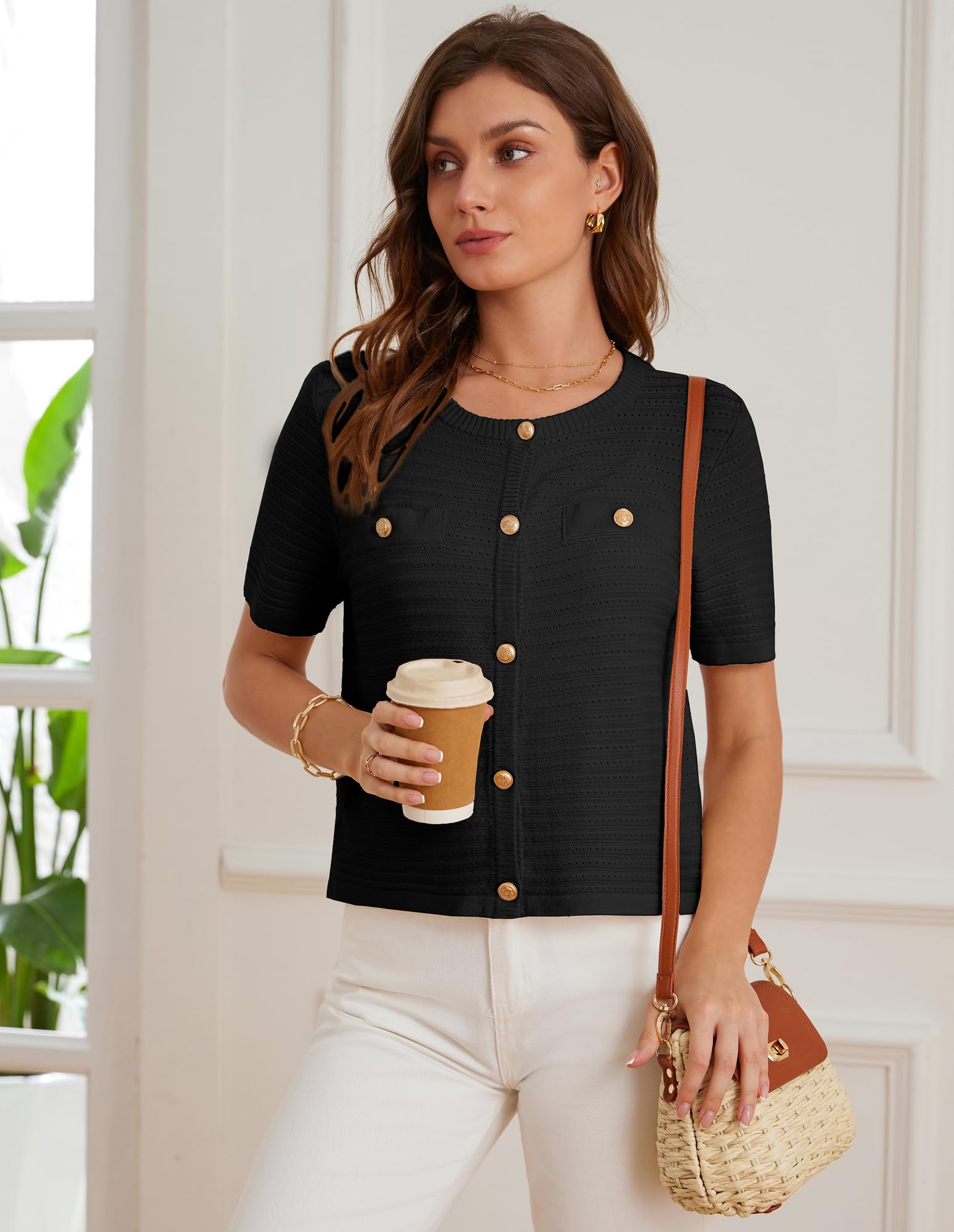 GRACE KARIN Cárdigan de punto con botones y bolsillos para mujer, con parte delantera abierta, con textura