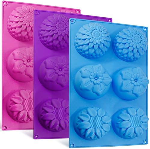 6-Cavity Silicone Flower Shape Cake Molds, SENHAI 3 Packs Fondant Shape Decorating Ice Cube Trays for Homemade Cake Chocolate Cupcake - Purple Blue