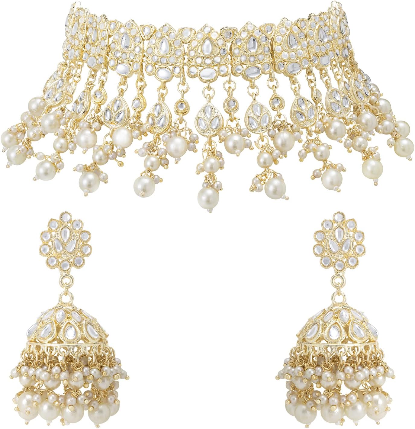 Aheli Indian Traditional Wedding Faux Kundan Pearls Choker Necklace Earrings Maang Tikka Set Gift for Women Ethnic Fashion Jewelry Kundan Pearl Drop