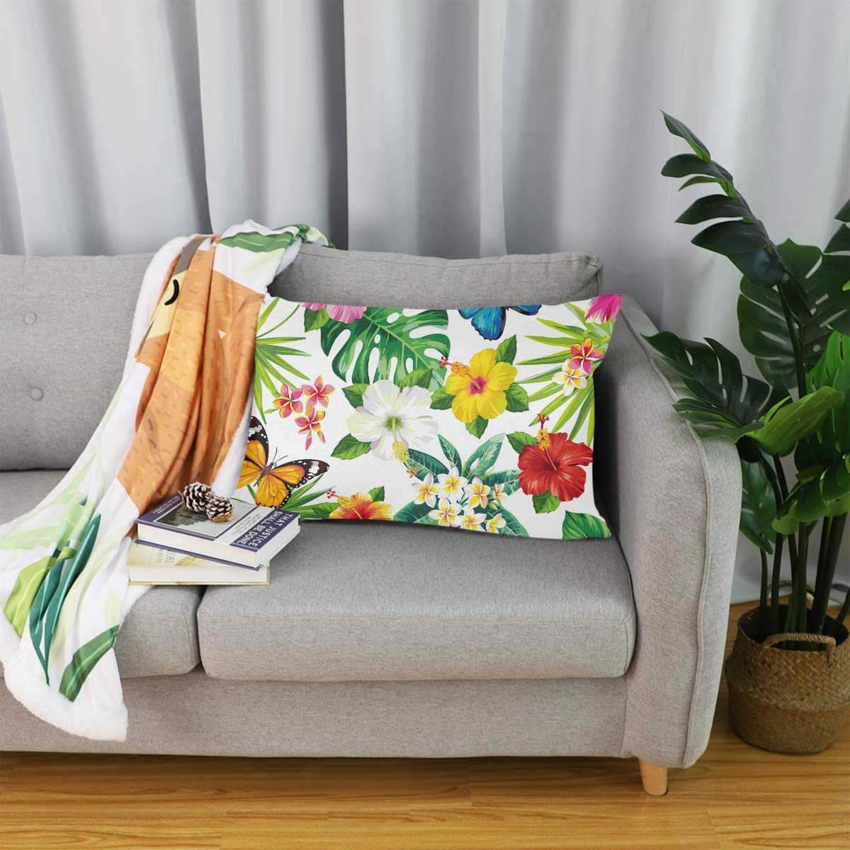 Kissenbezug 50x90 Cm – Baumwollsamt, Blumen-Schmetterling-Druck, Mit Reißverschluss, Für Sofa & Bett