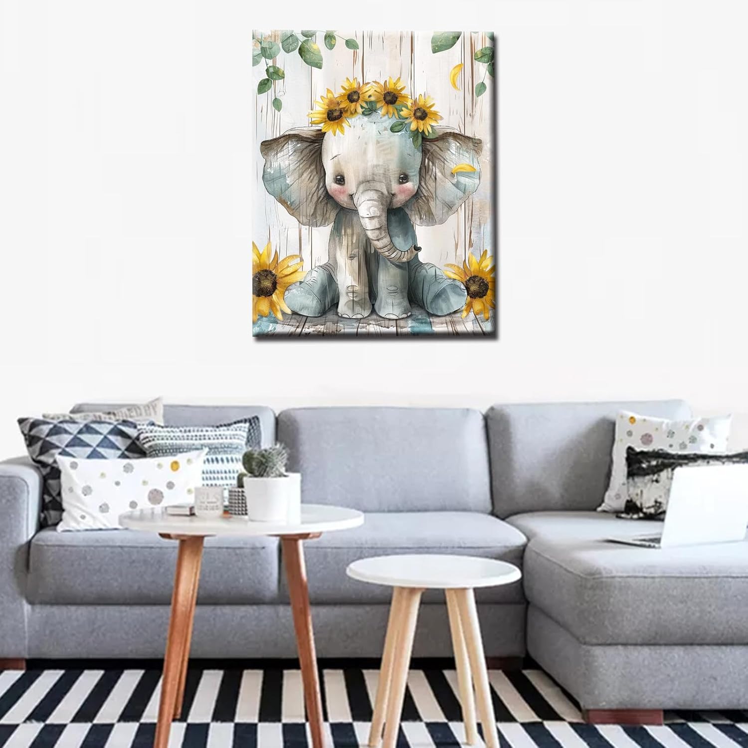 Aihonmin Cute Elephant Paint by Numbers Kits with Brushes and Acrylic Pigment Sunflower Painting for Adults Beginner Rustic Style Pictures Craft Home Decor 16''x20''(DIY Framed)