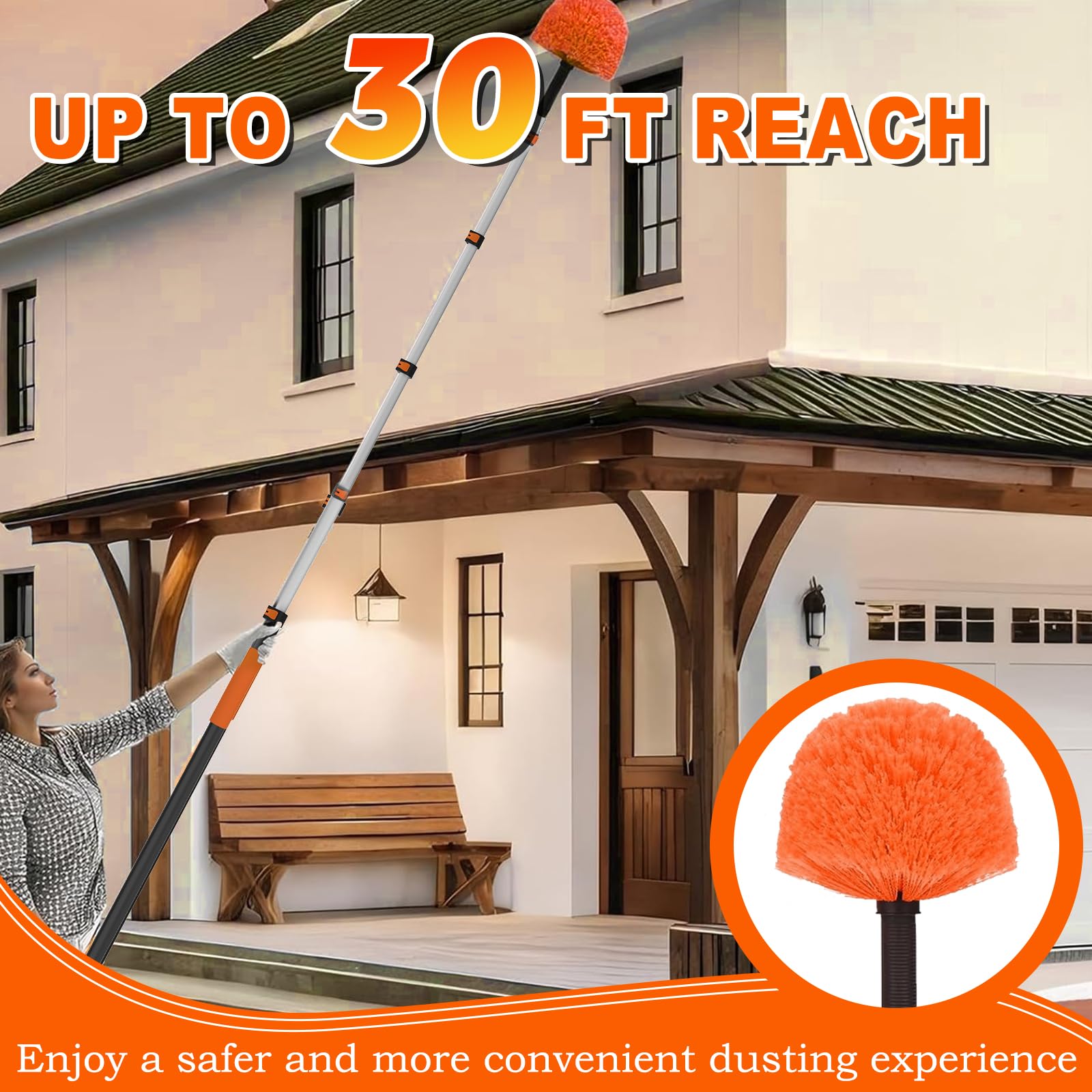 SISUPASSIE Pluma Extensible 7,2m, Cepillo Profesional para Telarañas con Mango Largo, Limpiador Lavable para Altos Techos y Tejados