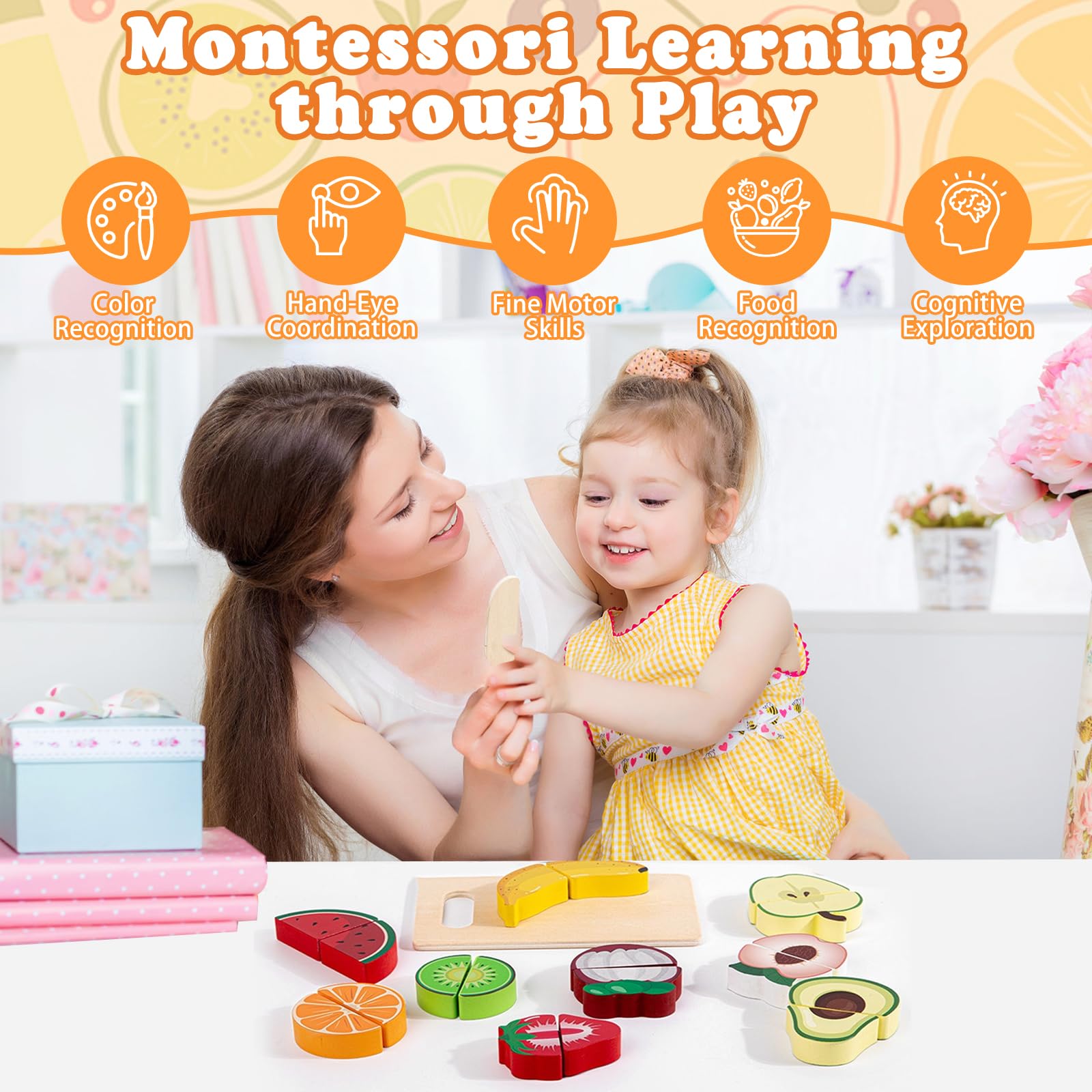 Cięte owoce zabawka do kuchni, zabawka kuchenna dla dzieci od 2 lat Montessori krojone warzywa i owoce z rzepem Najlepszy prezent