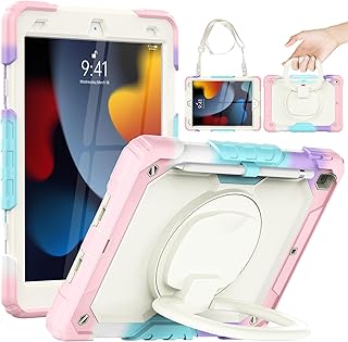 Timecity iPad 9th/8th/7th Generation Kids Case 2021/2020/2019 with Screen Protector, Full-Body Shockproof Protective Case with Rotating Stand/Handle and Strap for iPad 10.2 Case-Pink (Multicolor)