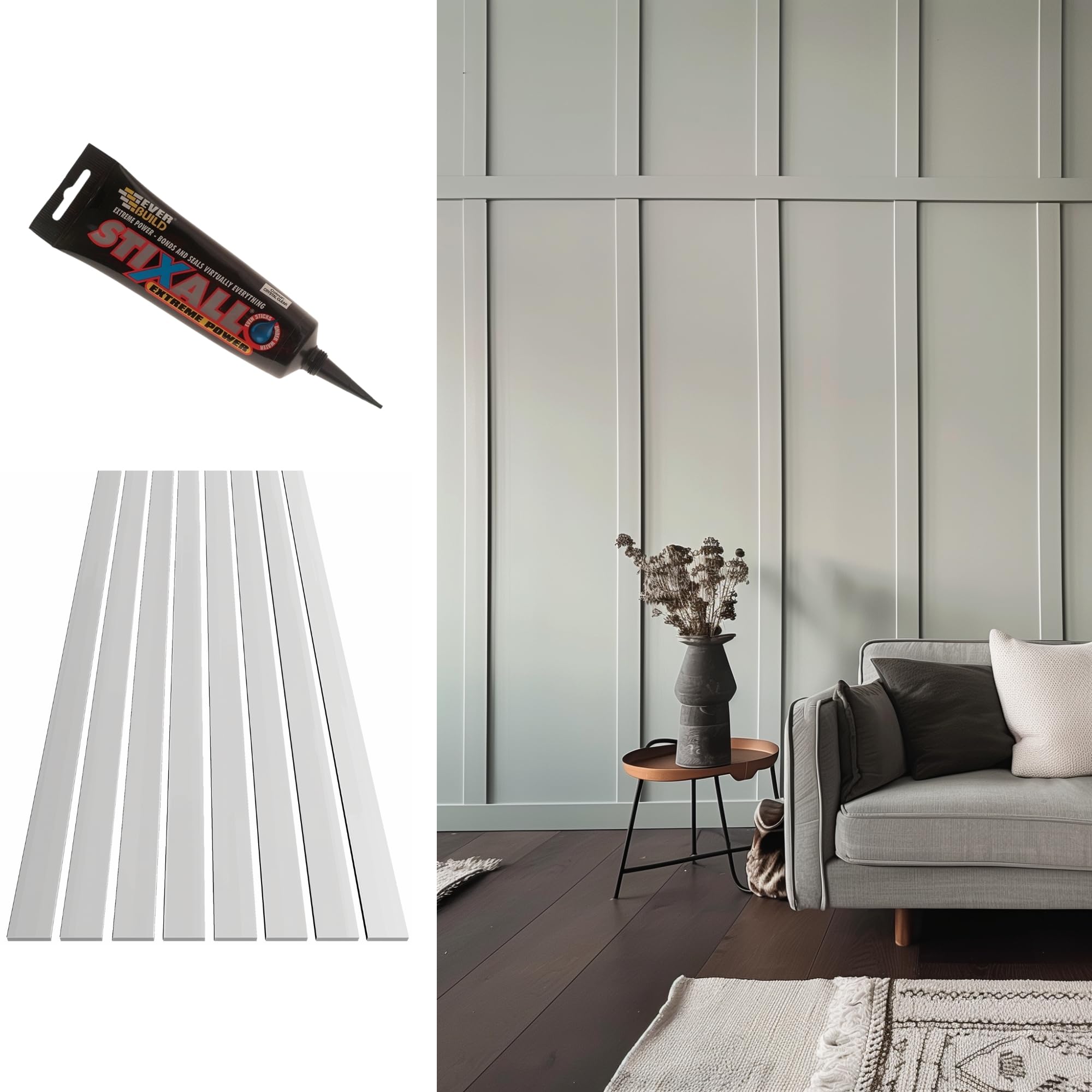 MDF Pre-Primed Wall Panel Kit/Strips/Slats, 10 slats/pack, 1190mm x 65mm x 9mm - Shaker Kit- Modern Square/Rectangle Wall Panels/Panelling (MDFWPS1190-65-10P-XD-GLUE)