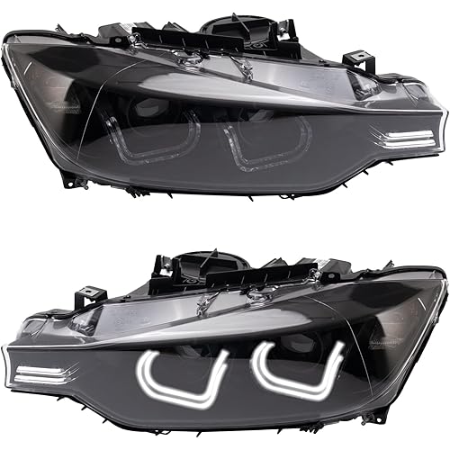 TRQ 2 Piece Headlight Assembly Set Performance Halogen LED C Light Bar Black Bezel Driver & Passenger Side Compatible with BWM 328i 335i 2012-2015 BM2502169 BM2503169