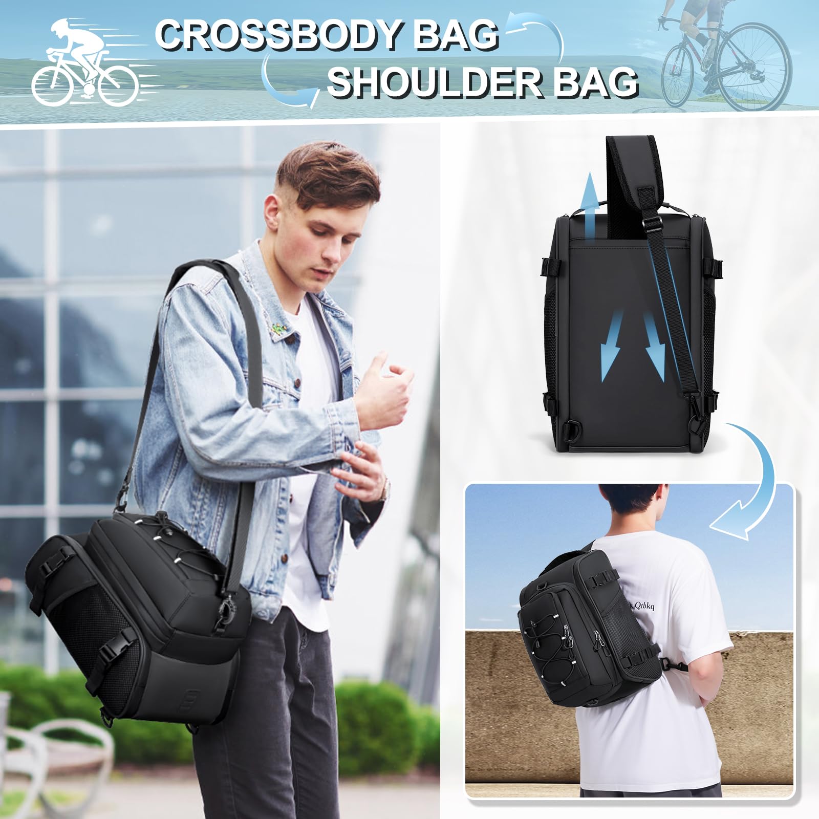 RAINSMORE 3 en 1 Alforjas Bicicleta 15L Bolsa Trasera con Cubierta de Lluvia y Bandolera, Impermeable y Reflectante, como Maleta Bicicleta,Bolso Bandolera