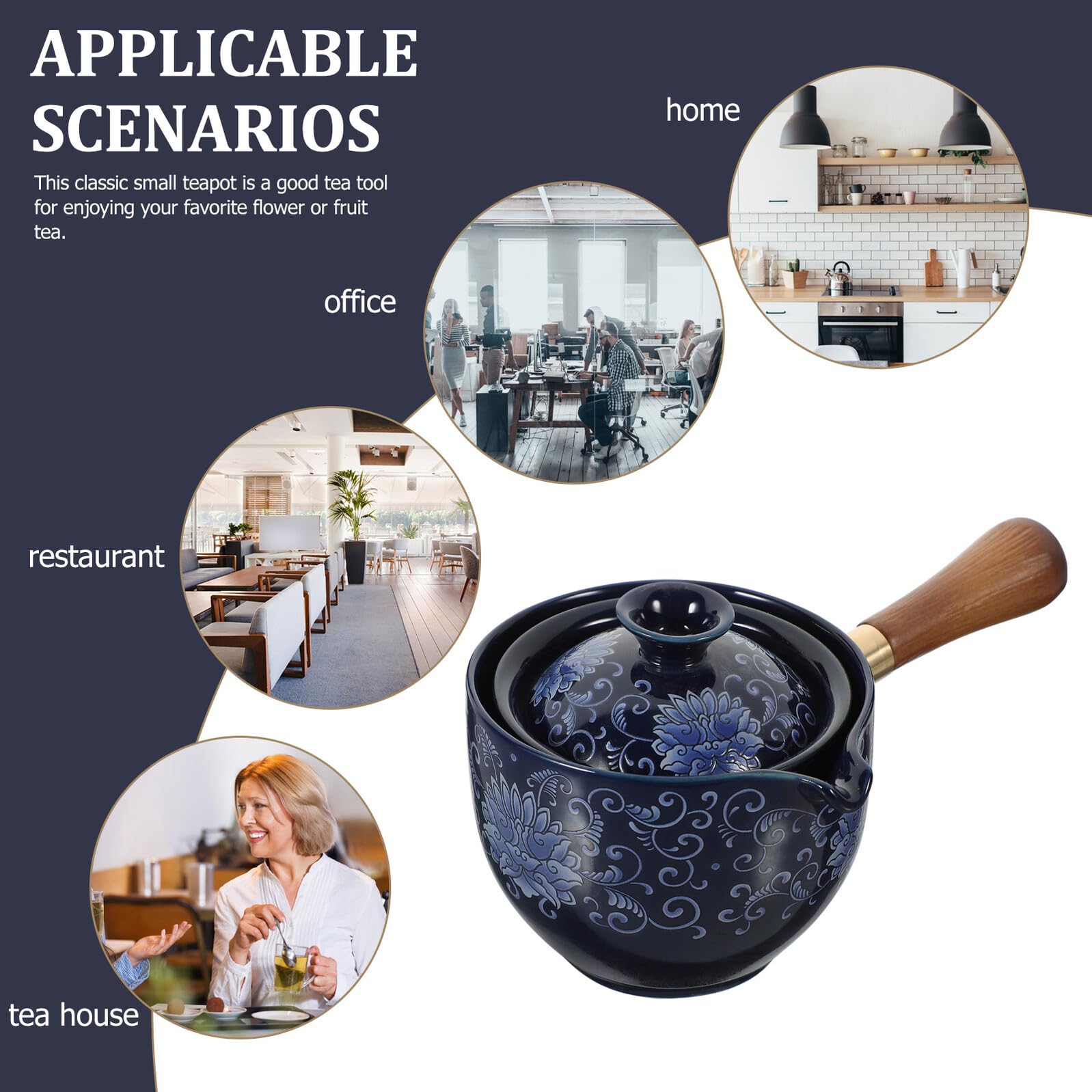 Tetera Giratoria 290ml de Cerámica y Madera Diseño Rotatorio | Color Azul Marino, Agarre Cómodo y Acabado Fino, para Escritorio de Oficina o Mesa en Casa
