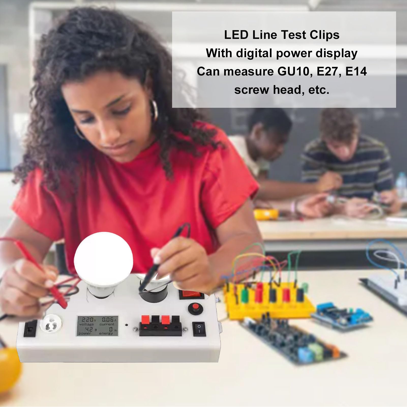 Jeffergarden Tester di Potenza per Lampadine a LED, Misuratore di Potenza Corrente di Tensione Multifunzionale con Prese E27 E14 GU10 e Spina a 2 Poli (Spina UE 85-265 V)