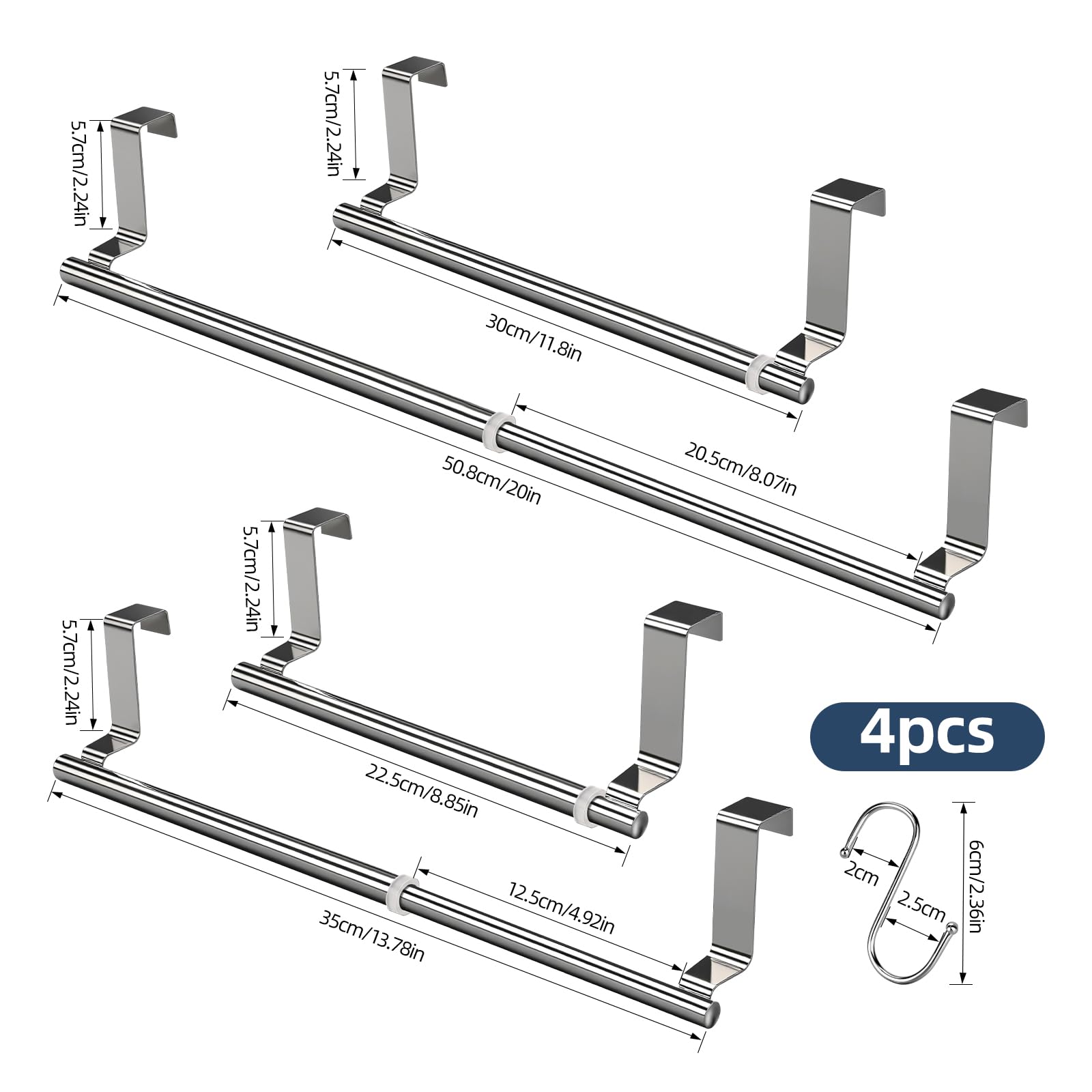 2Pcs Over Door Towel Rail Kitchen Towel Holder Stainless Steel Tea Towel Rail Extendable(22.5-35/30-51cm) with 4 Pcs S Hooks for Hanging for Kitchen Cupboard Bathroom Drawer Cabinet Silver - Image 2