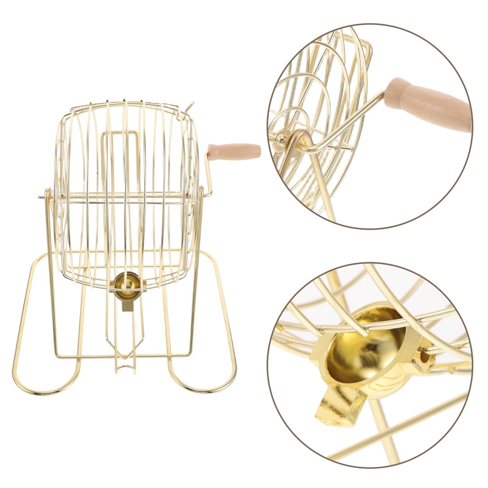 Jaula de Bingo y Estructura de Hierro Dorado Mango de Madera Equipo Emocionante para Juegos Familiares y Diversión en Hogares