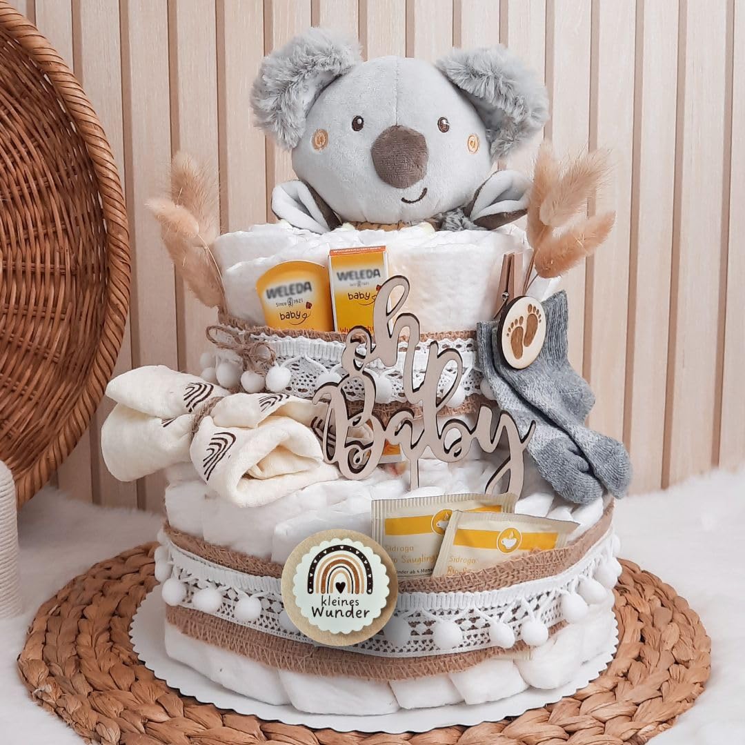 Windeltorte Boho Vintage Stil | Geschenk zur Geburt | Made in Germany | mit Baby-Schmusetuch, hochwertigen Pflegeprodukten, Babytee, Söckchen, Tuch & schönem Zubehör | Baby Geschenk