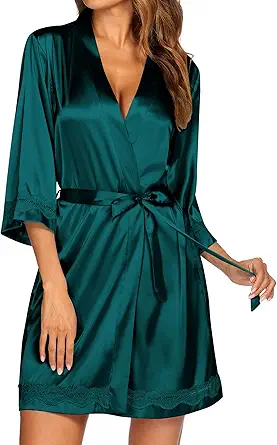 Ekouaer Women's Lace-Trim Silk Robes Bride Bridesmaid Kimono Satin Bathrobe V Neck Sleepwear with 3/4 Sleeve