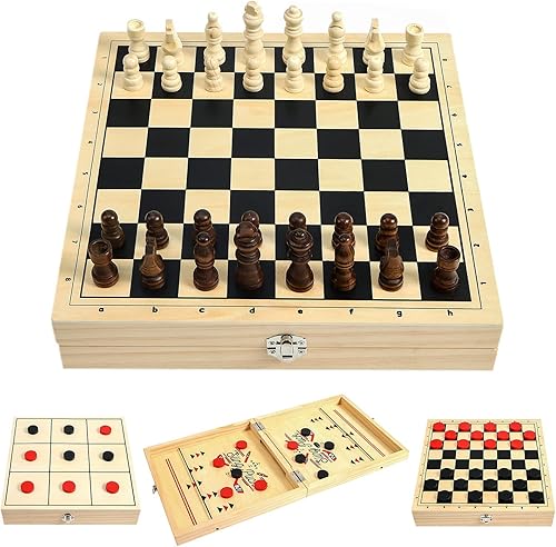 Miniatura 8 de Juego grande de tablero de ajedrez 4 en 1 juego de disco de hockey damas dedo del pie de Tic Tac - Hockey de madera juegos de mesa para juegos