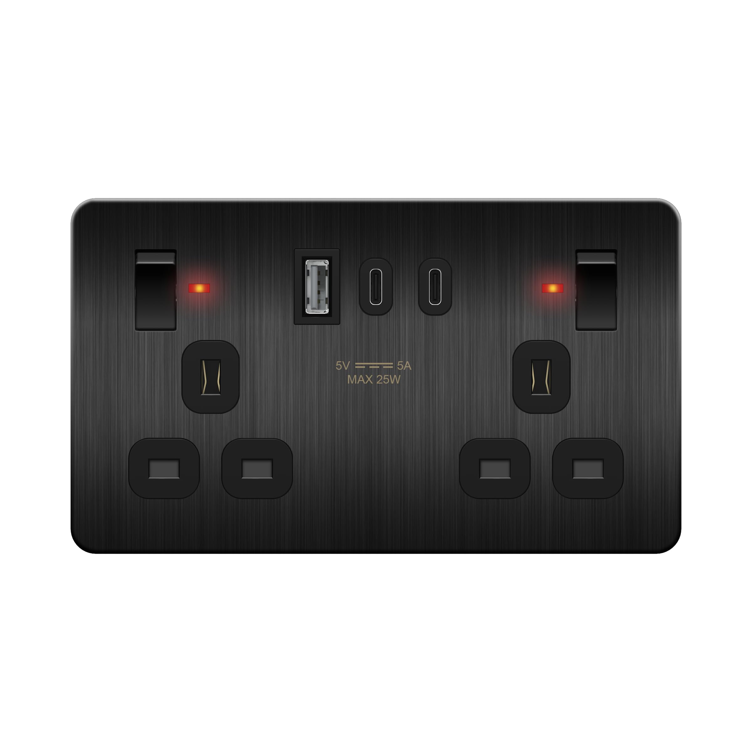 LIDER 2-Gang Switched Socket, USB TYPE C&A Ports, LED Power Indicator, Always-On USB Ports, 25W Combined Output, Stainless Steel, UKCA, Brushed Black (Use a 35mm-deep back box) โ image 1