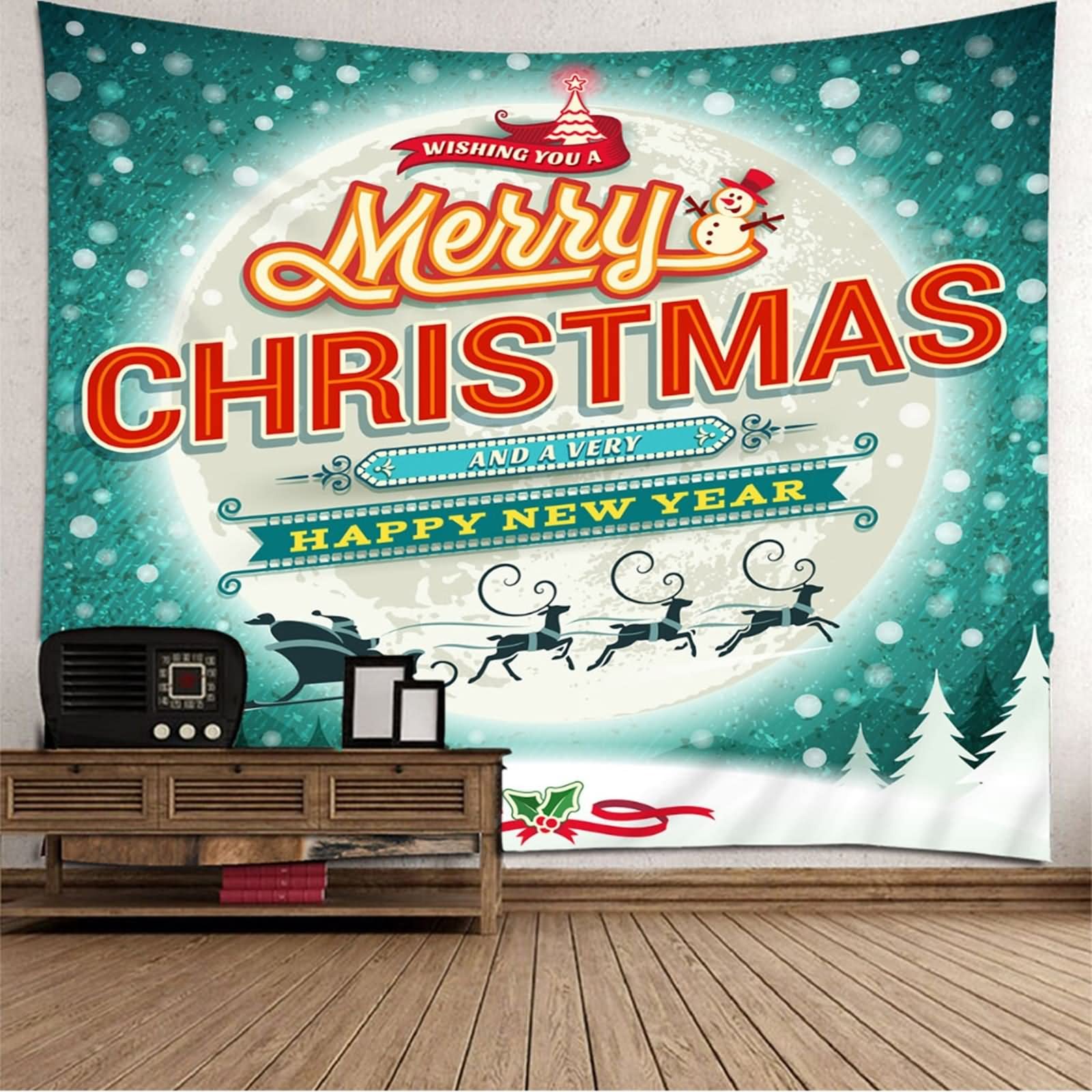 Tapisserie Fenster, Wandbehang Frohe Weihnachten Weihnachtsmann und Elch Weiß und Grün Polyester 350X256cm