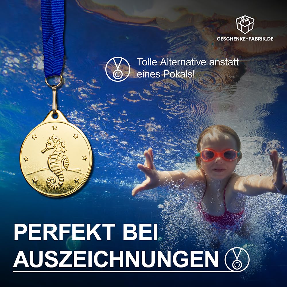 Pokal-Fabrik - Seepferdchen-Medaillen 10er Set Metall - Seepferdchenmedaille golden zum Umhängen für Siegerehrungen - Schwimmabzeichen Gold - Medaillen Kinder mit blauem Band für Vereine & Turniere