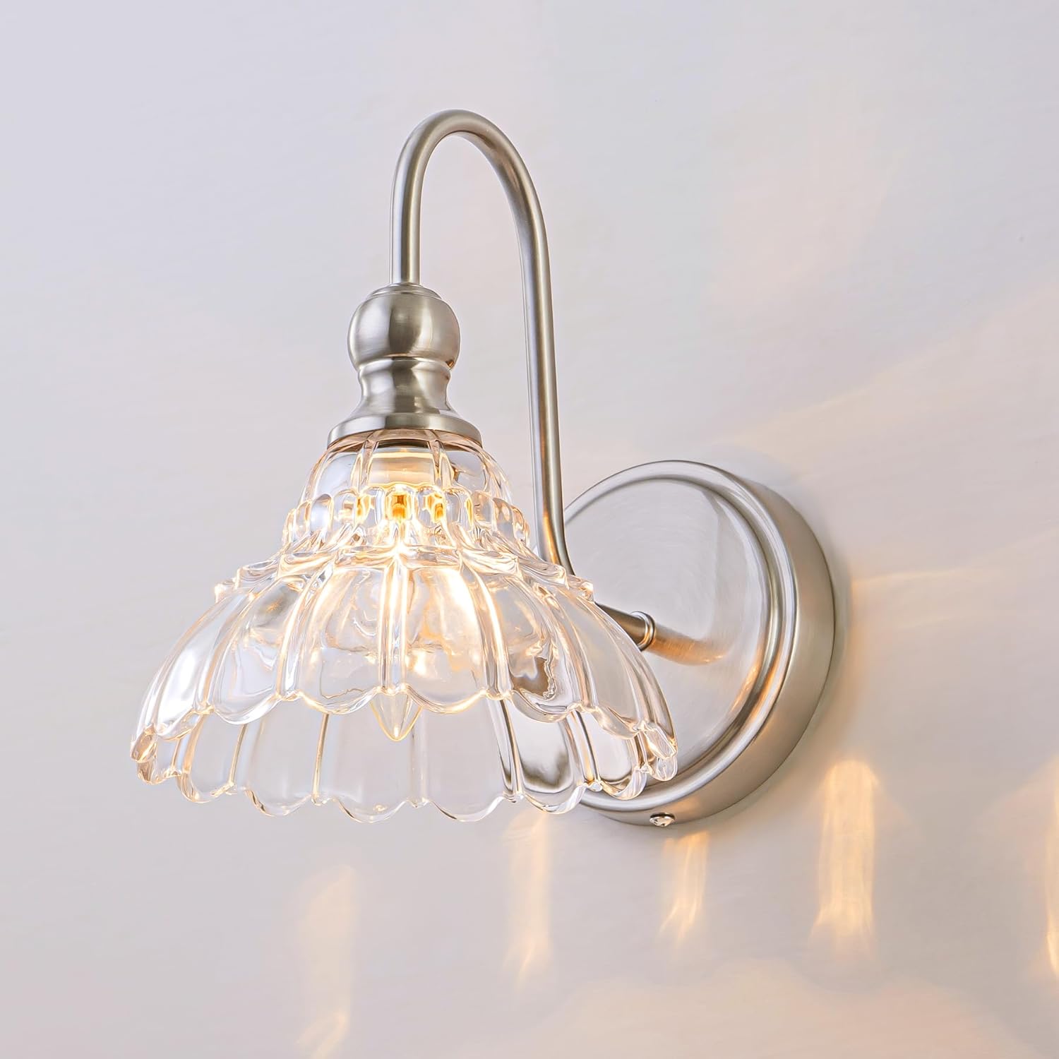 Vintage Bathroom Light Fixtures Over Mirror, 1-Light Brushed Nickel Wall Sconce Lighting with Flower Glass Shade, Farmhouse Vanity Lights for Bedroom Kitchen Living Room Hallway Light Brushed Nickel 1-light