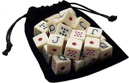 Cyber-Deals Dados de póquer español marfil con bolsa de almacenamiento de terciopelo negro (juego de 25 dados, 1 bolsa)