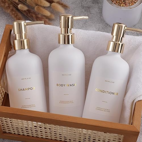 Miniatura 7 de HOMCDALY Dispensador de champú y acondicionador, paquete de 3 botellas recargables de 21 onzas, contenedor de champú, botella de bomba vacía,
