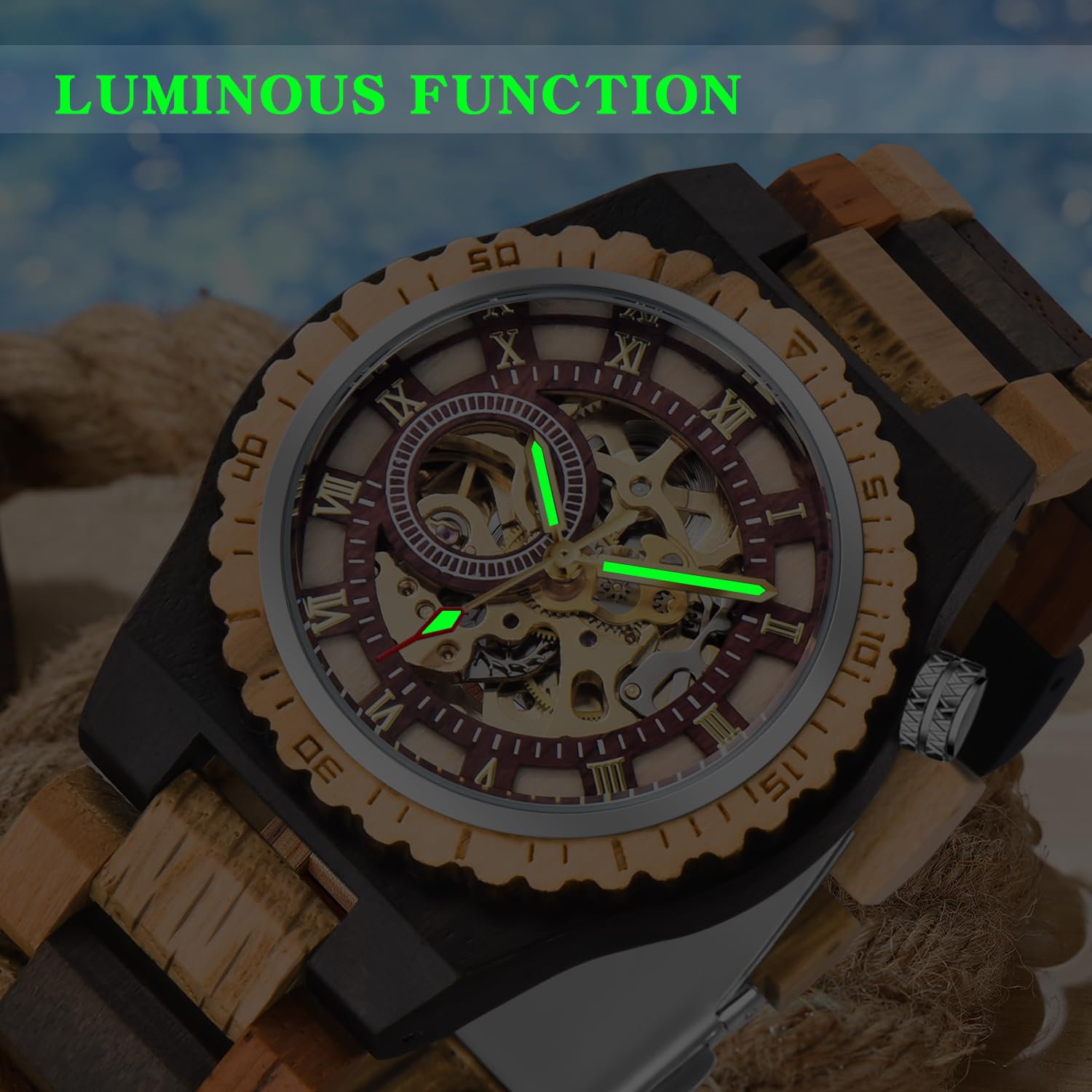 Tiong Mechanische Sportuhr aus Holz, hohles digitales Zifferblatt, Holzarmband mit leuchtenden Zeigern, mechanische Herrenuhr，Geschenke für Männer