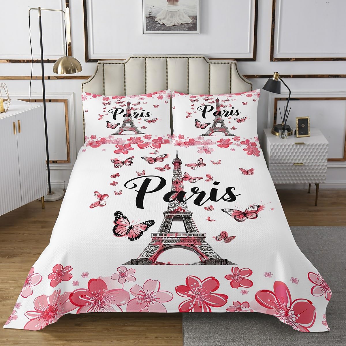 Castle Fairy Eiffel Tower Coverlet Set Twin Size Watercolor Cherry Blossom Bedspread Fashion Room Decor Wild Butterfly Animal Quilted for Girls Gift Paris Romantic Bedspread with 1 Pillowcase