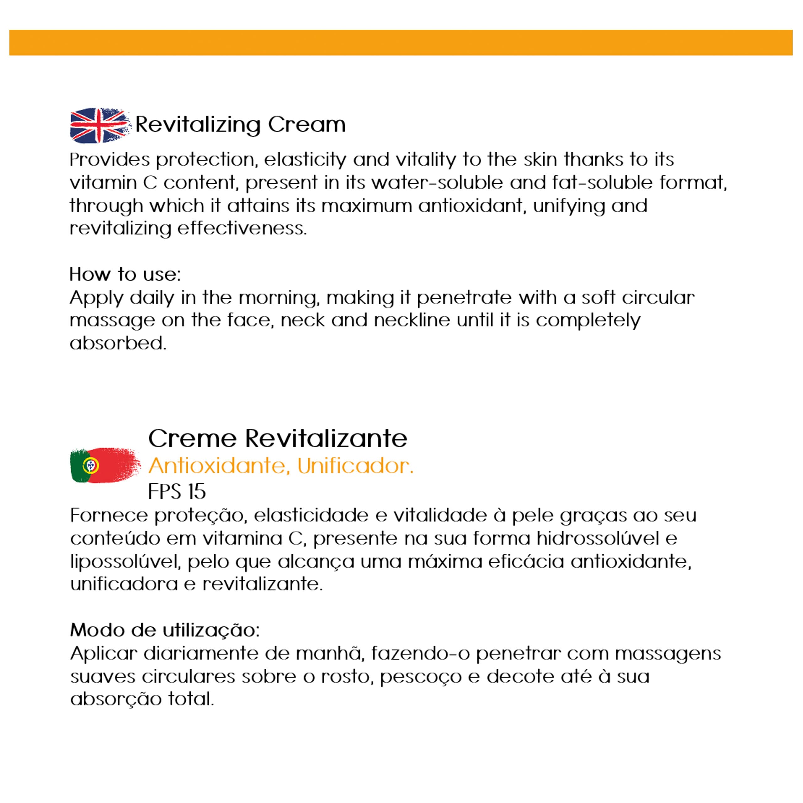 Crema Revitalizante Vitamina C Antioxidante, Unificante, protección solar FPS 15, VITA-C Cream. Double Vitamin C System, 60 ml