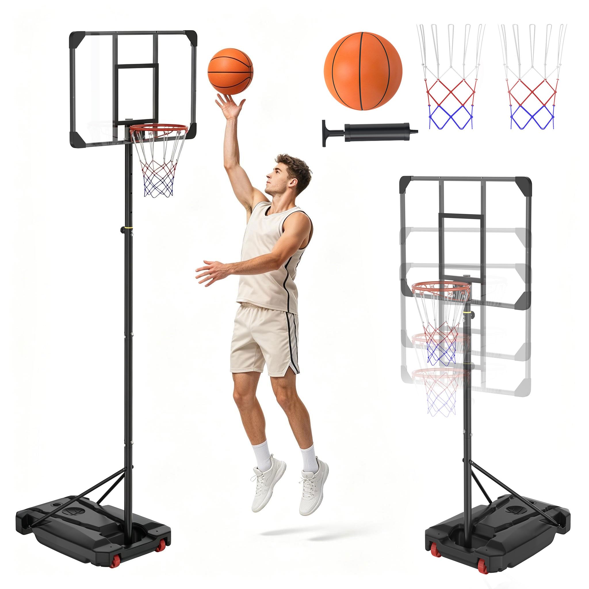 UISEBRT Supporto da basket autoportante, regolabile in altezza 150-260 cm, backboard in PVC resistente agli urti, mobile con ruote, set completo con pallone da basket taglia 5, 2 reti e pompa ad aria